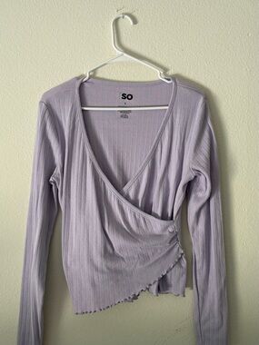 SO Lavender Ribbed Wrap-Front Long Sleeve Top